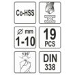 Csigafúró készlet 19 részes HSS Co 1-10 mm YATO
