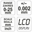 Digitális mikrométer 0-25 mm +/-0,01 mm YATO
