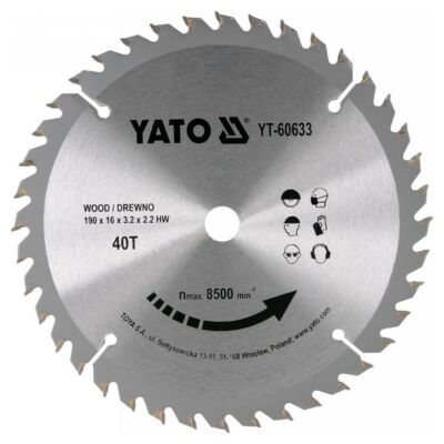 YATO Fűrésztárcsa fához 190 x 16 x 2,2 mm / 40T